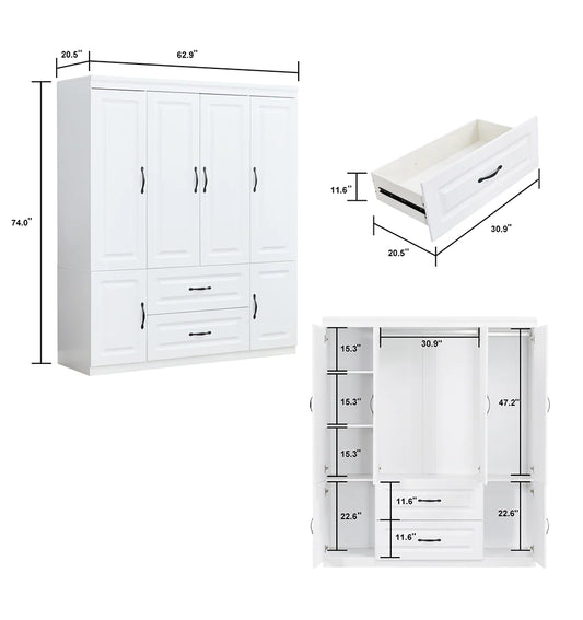 YG-15 74" H White Solid Wood Freestanding Wardrobe Closet for Clothes Storage. Bedroom Wardrobe Storage Cabinet featuring 2 Hanging Rod Shelves, 2 Drawers, and 5 Storage Compartments