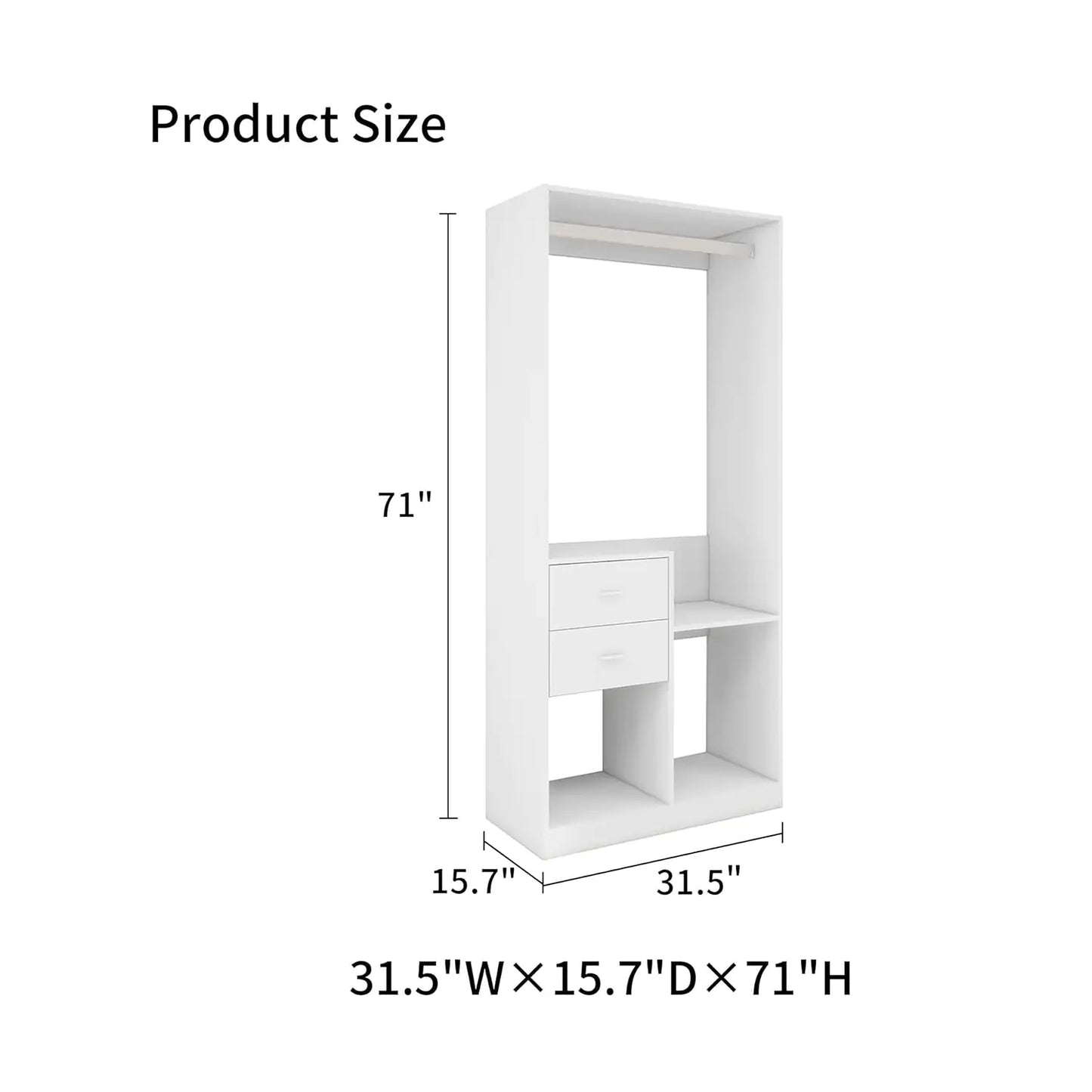 YG-303 Stand-Alone Wood Closet System for Walk in Closets with 2 Drawers Hanging Rods and Shelves Clothes Storage Cabinet Built-in Closet Organizer for Bedroom 31.5"L x 15.7"W x 70.8"H Gray