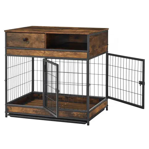 Furniture Dog Cage Double Door, Rustic Brown