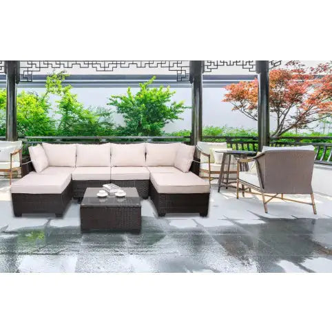 Outdoor Garden Patio Furniture 7Piece PE Rattan Wicker Cushioned Sofa Sets And Coffee Table, Patio Furniture Setoutdoor Couchoutdoor Couch Patio Furnitureoutdoor Sofapatio Couch