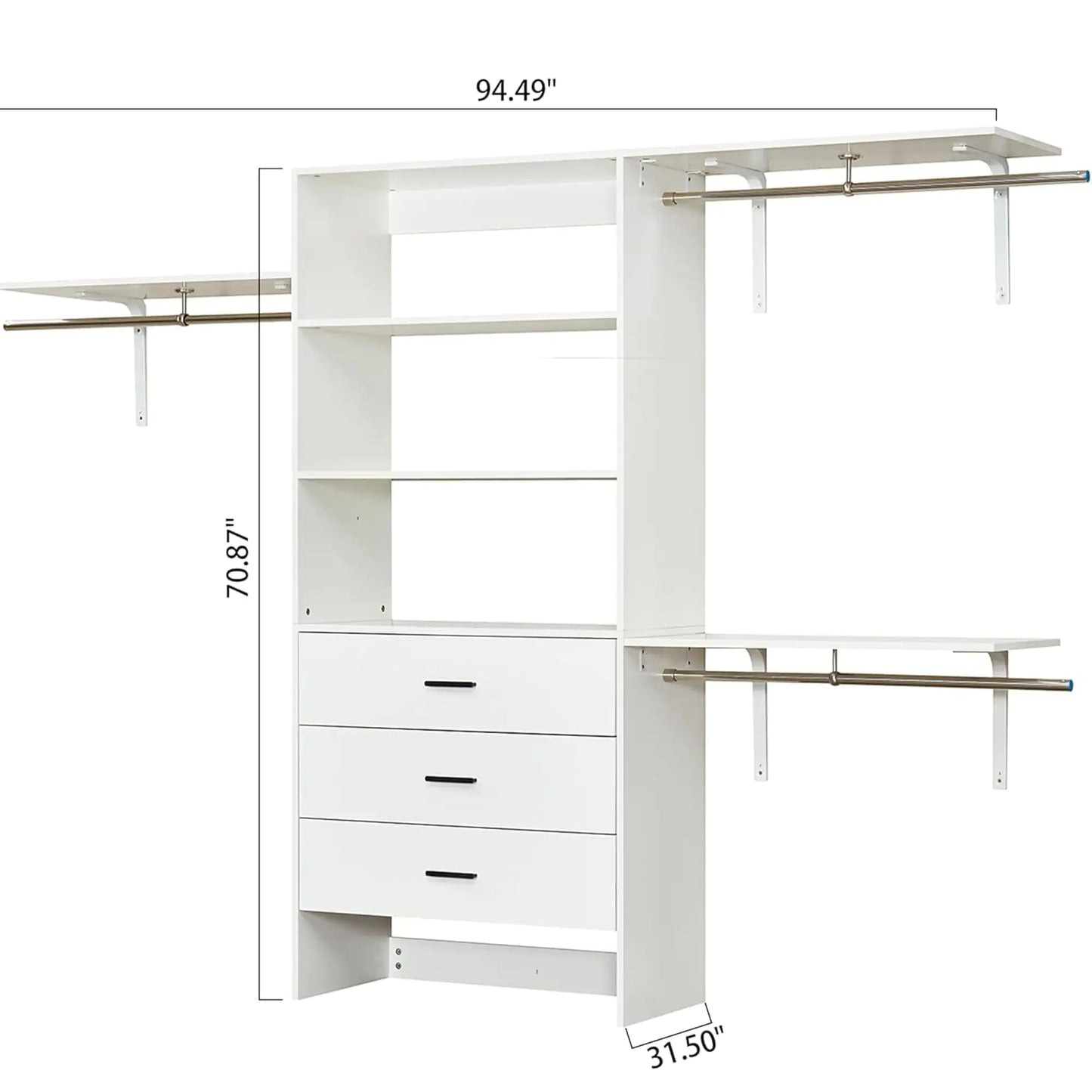 306 Closet Organizer System with Closet Shelves Wall Mounted, White Clothing Racks for Hanging Clothes, Clothes Organizer with Closet Drawers, Wooden Wardrobe Closet System with Hanging Rod