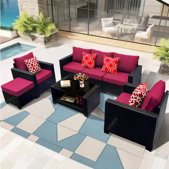 Outdoor Garden Patio Furniture 7 Piece PE Rattan Upholstered Sofa Set & Coffee Table